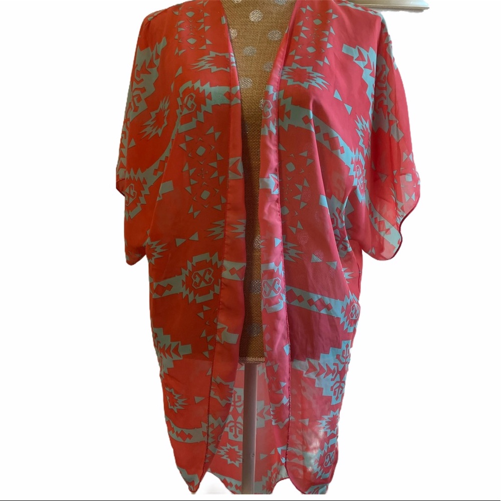 LoveCraft One Size Fits All Aztec Teal + Coral Sheer Shawl Cover